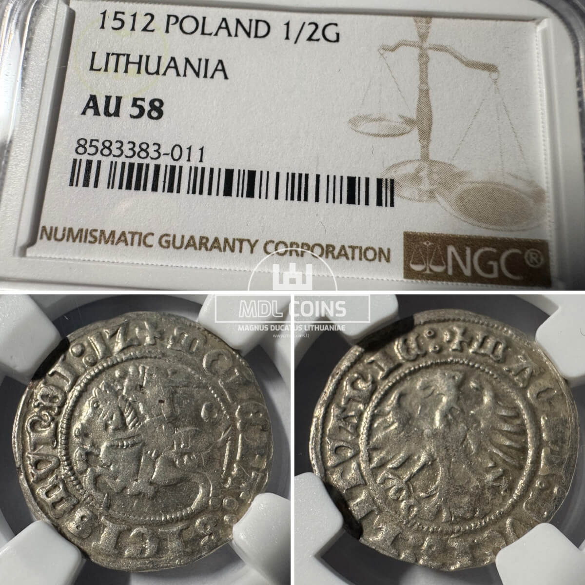 1512 metų Žygimanto Senojo 1/2 grašio – Katalogo nr. H40 M – „Ex-collection of Dzmitry Huletski” - NGC AU58