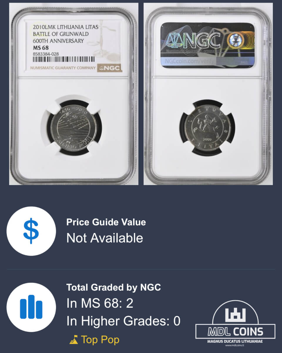 2010 metų sertifikuotas 1 litas - "Žalgirio mūšis" - NGC MS68 - Image 3