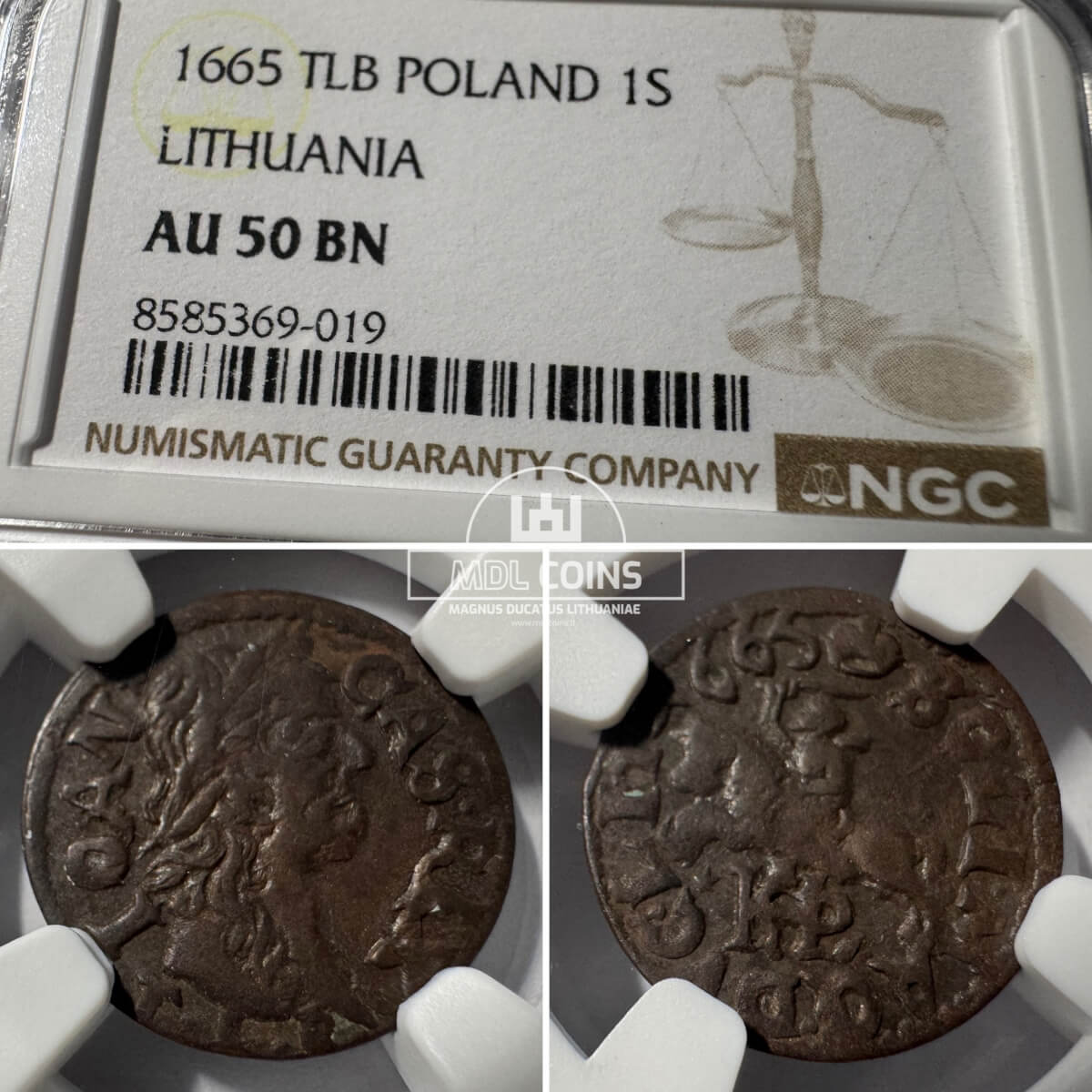 1665 metų Jono Kazimiero šilingas - NGC AU50BN
