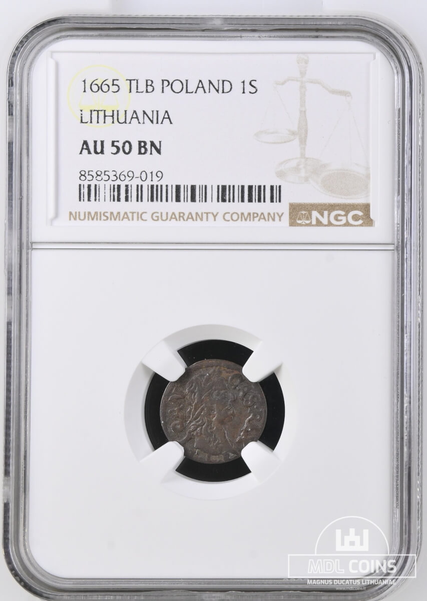 1665 metų Jono Kazimiero šilingas - NGC AU50BN - Image 2
