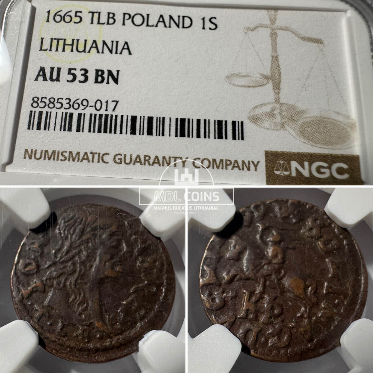1665 metų Jono Kazimiero šilingas - NGC AU53BN