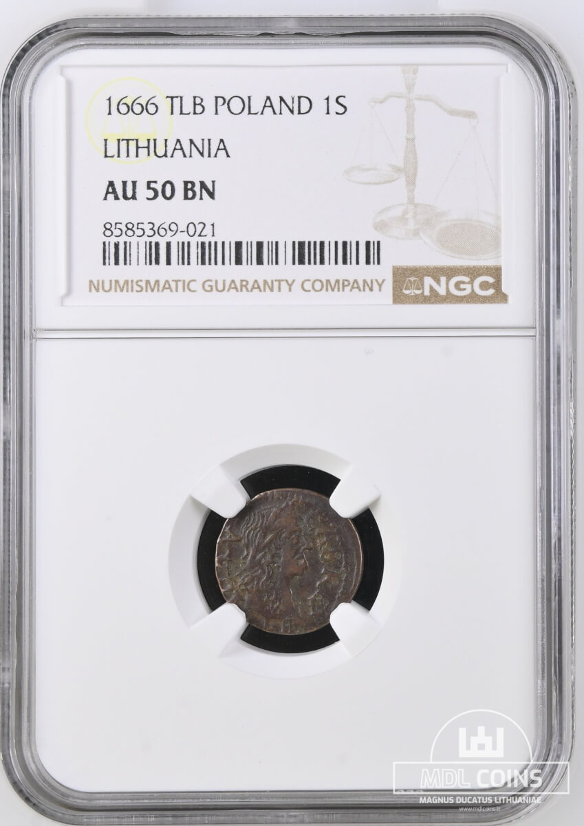 1666 metų Jono Kazimiero šilingas - NGC AU50BN - Image 2