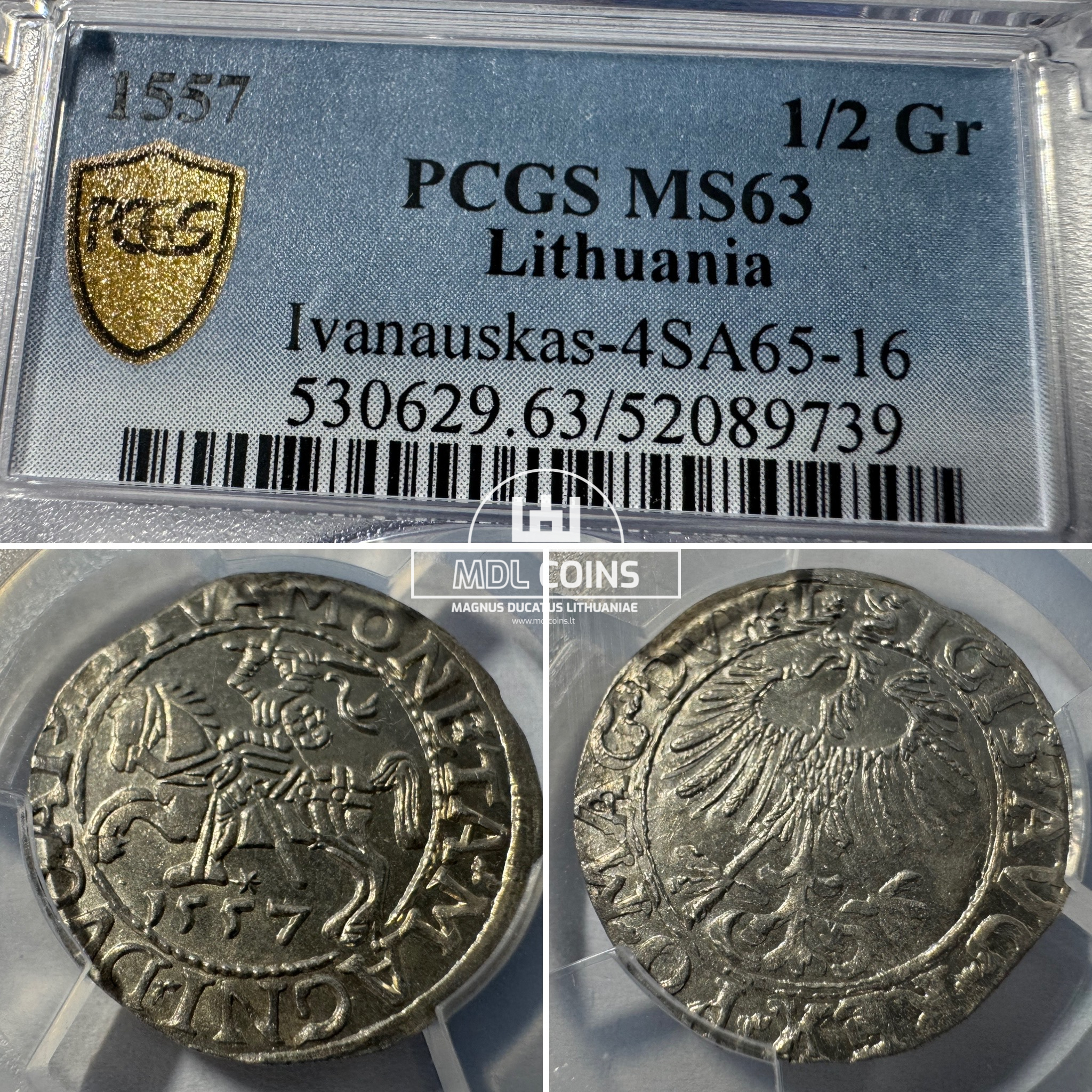 1557 metų Žygimanto Augusto 1/2 grašio – Katalogo nr. 4SA65-16 - PCGS MS63