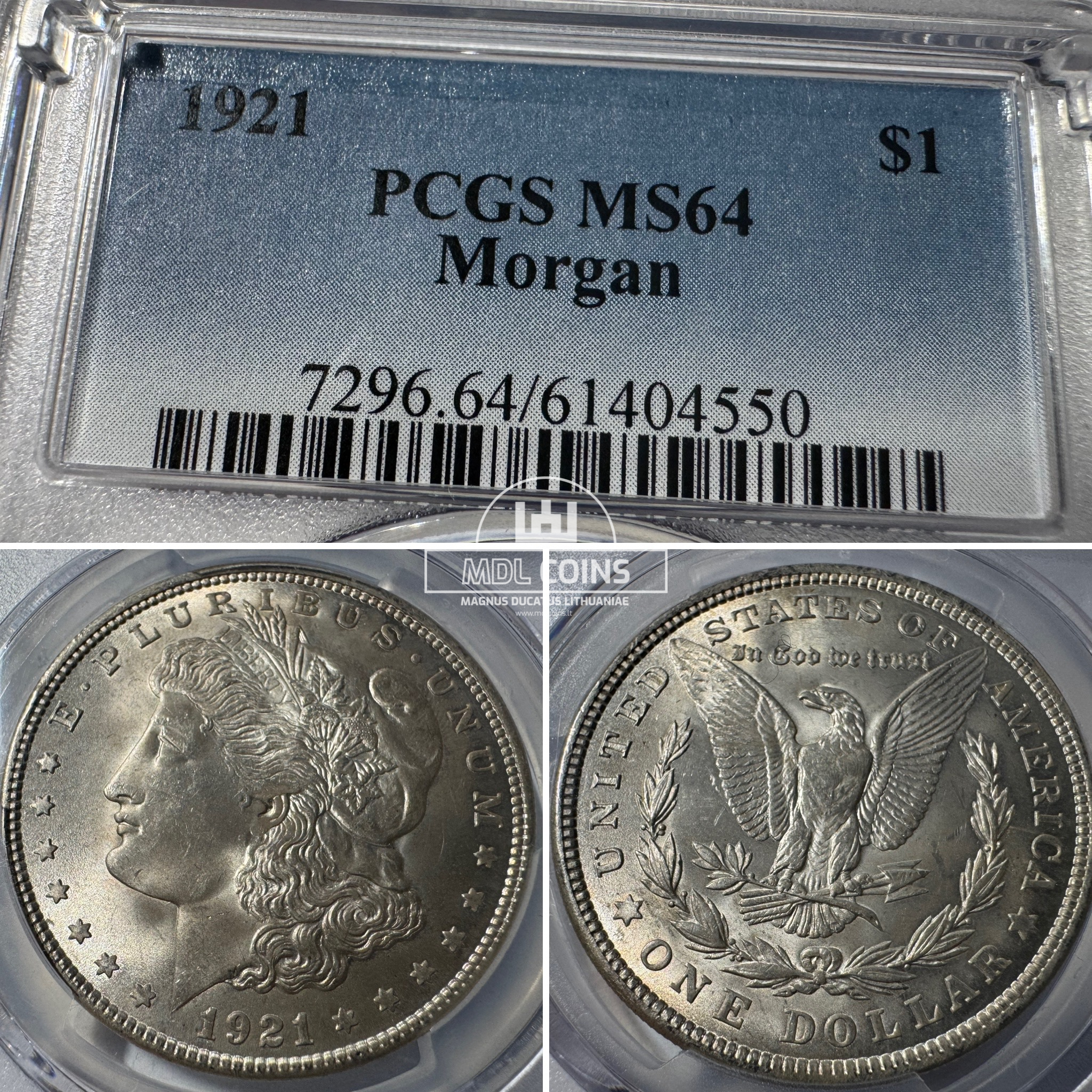 JAV - 1921 metų 1 doleris - "Morganas" - PCGS MS64 - (Sidabras 900 / 26,73 g)