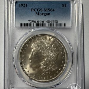 Alternative view of JAV - 1921 metų 1 doleris - "Morganas" - PCGS MS64 - (Sidabras 900 / 26,73 g)