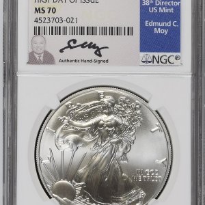 Alternative view of JAV - 2017 metų 1 doleris - "Silver Eagle" - NGC MS70 - FIRST DAY OF ISSUE + signature Edmund C.Moy - (Sidabras 999 / 31,1 g)