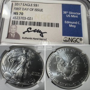 JAV - 2017 metų 1 doleris - "Silver Eagle" - NGC MS70 - FIRST DAY OF ISSUE + signature Edmund C.Moy - (Sidabras 999 / 31,1 g)