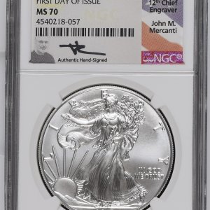Alternative view of JAV - 2017 metų 1 doleris - "Silver Eagle" - NGC MS70 - FIRST DAY OF ISSUE + signature John M. Merchanti - (Sidabras 999 / 31,1 g)