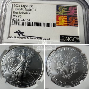JAV - 2021 metų 1 doleris - "Silver Eagle" (Heraldic Eagle T-1) - NGC MS70 - FIRST RELEASES + signature John M. Merchanti - (Sidabras 999 / 31,1 g)