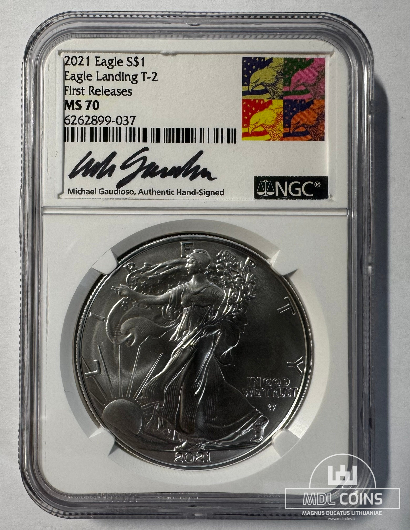 JAV - 2021 metų 1 doleris - "Silver Eagle" (Eagle Landing T-2) - NGC MS70 - FIRST RELEASES + signature Michael Gaudioso - (Sidabras 999 / 31,1 g) - Image 2