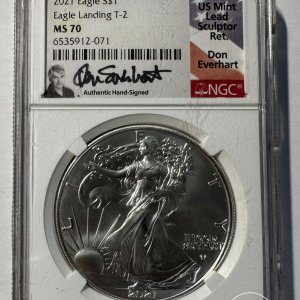 Alternative view of JAV - 2021 metų 1 doleris - "Silver Eagle" (Eagle Landing T-2) - NGC MS70 + signature Don Everhart - (Sidabras 999 / 31,1 g)