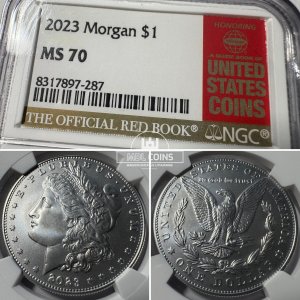 JAV - 2023 metų 1 doleris - "Morganas" - NGC MS70 - THE OFFICIAL RED BOOK - (Sidabras 999 / 26,715 g)