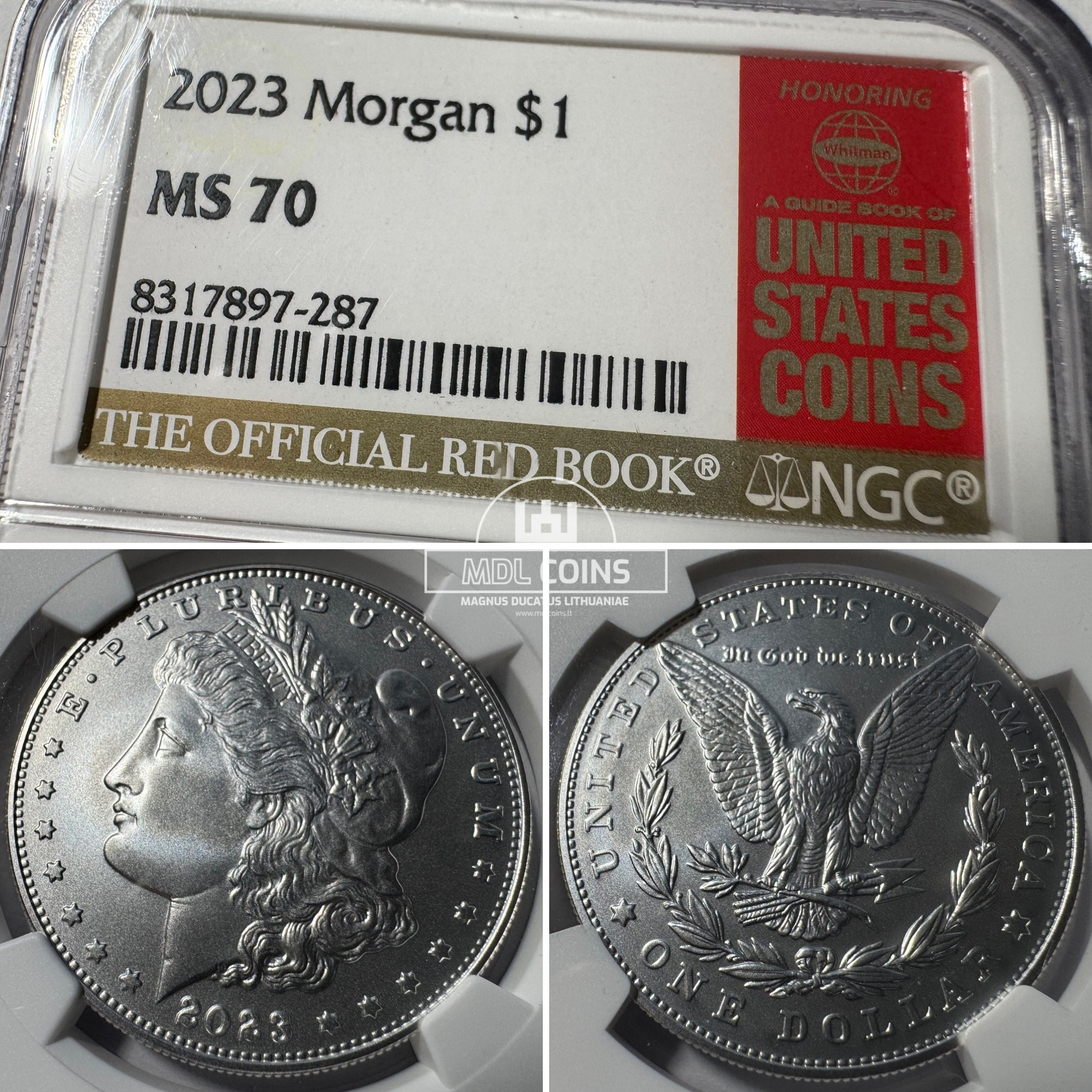 JAV - 2023 metų 1 doleris - "Morganas" - NGC MS70 - THE OFFICIAL RED BOOK - (Sidabras 999 / 26,715 g)