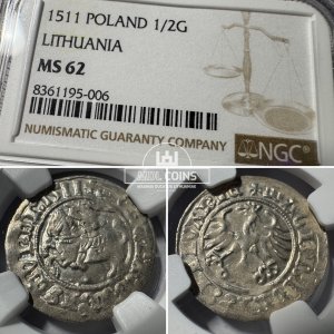 1511 metų Žygimanto Senojo 1/2 grašio – Katalogo nr. H39 A – NGC MS62
