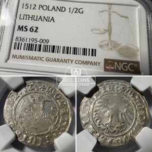 1512 metų Žygimanto Senojo 1/2 grašio – Katalogo nr. H40 AJ – NGC MS62