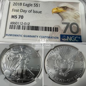JAV - 2018 metų 1 doleris - "Silver Eagle" - NGC MS70 - FIRST DAY OF ISSUE - (Sidabras 999 / 31,1 g)