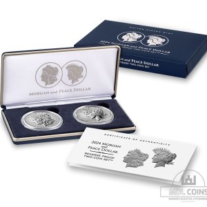 JAV - 2024 metų dviejų monetų komplektas - "MORGAN AND PEACE DOLLAR REVERSE PROOF TWO-COIN SET" - Su dėžute - (Sidabras 999 / 26,715 g)