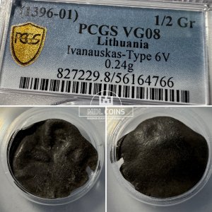 1396-1401 metų Vytauto Didžiojo 1/2 grašio – „PECHIAT” – Neaprašytas itin mažo skersmens tipas (Skersmuo 12 mm / Svoris 0,24 g) - PCGS VG08