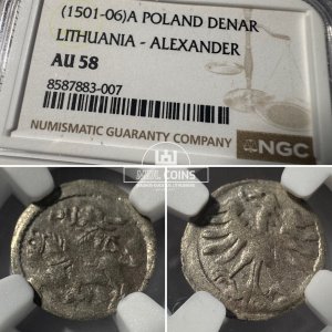 1498-1506 metų Aleksandro Jogailaičio denaras – Gotika – NGC AU58