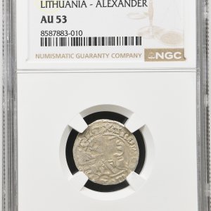 Alternative view of 1501-1506 metų Aleksandro Jogailaičio 1/2 grašio – Gotika – NGC AU53 – (Sesija Nr.89 – Pabaiga 20260408 – 21.18 val. + 2 min. „Anti-sniping”)