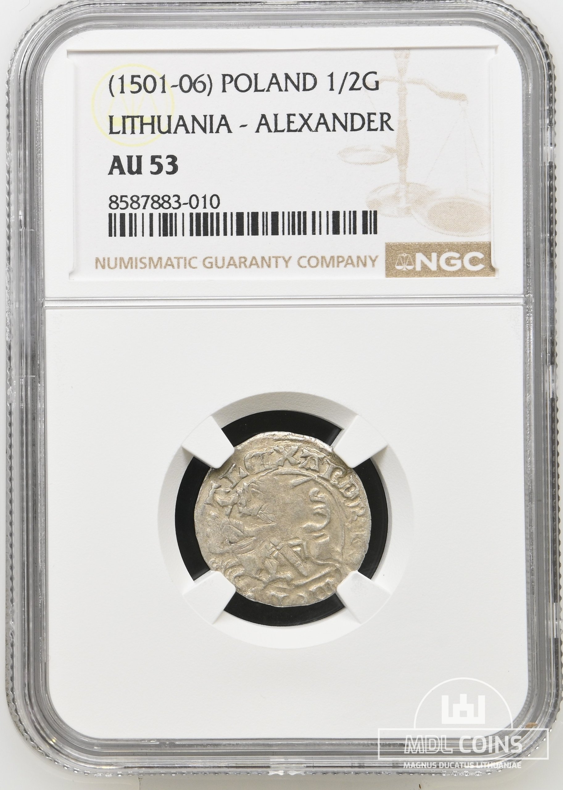 1501-1506 metų Aleksandro Jogailaičio 1/2 grašio – Gotika – NGC AU53 - Image 2