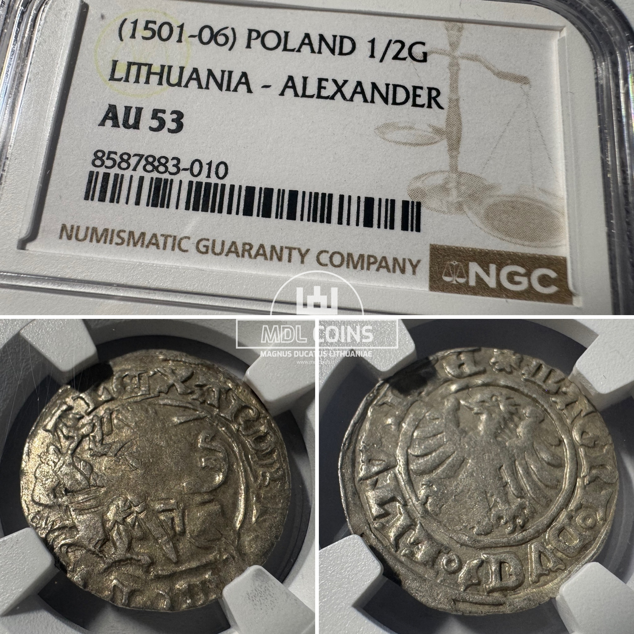 1501-1506 metų Aleksandro Jogailaičio 1/2 grašio – Gotika – NGC AU53