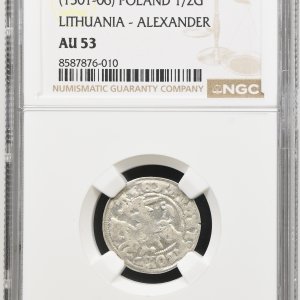 Alternative view of 1501-1506 metų Aleksandro Jogailaičio 1/2 grašio – Gotika – NGC AU53