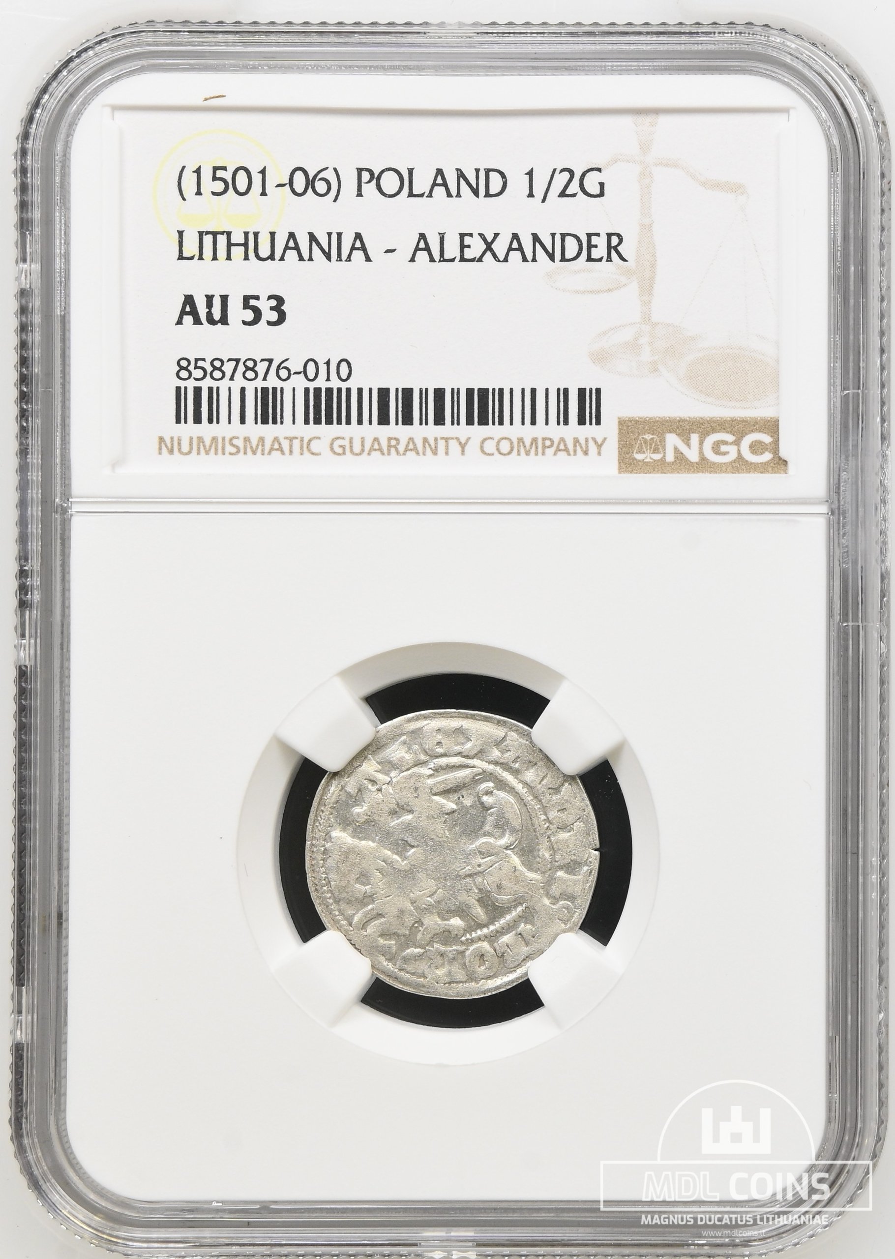 1501-1506 metų Aleksandro Jogailaičio 1/2 grašio – Gotika – NGC AU53 - Image 2