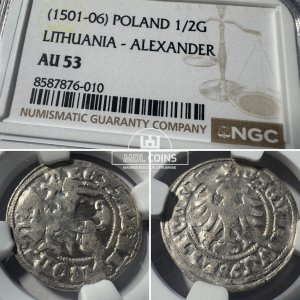 1501-1506 metų Aleksandro Jogailaičio 1/2 grašio – Gotika – NGC AU53