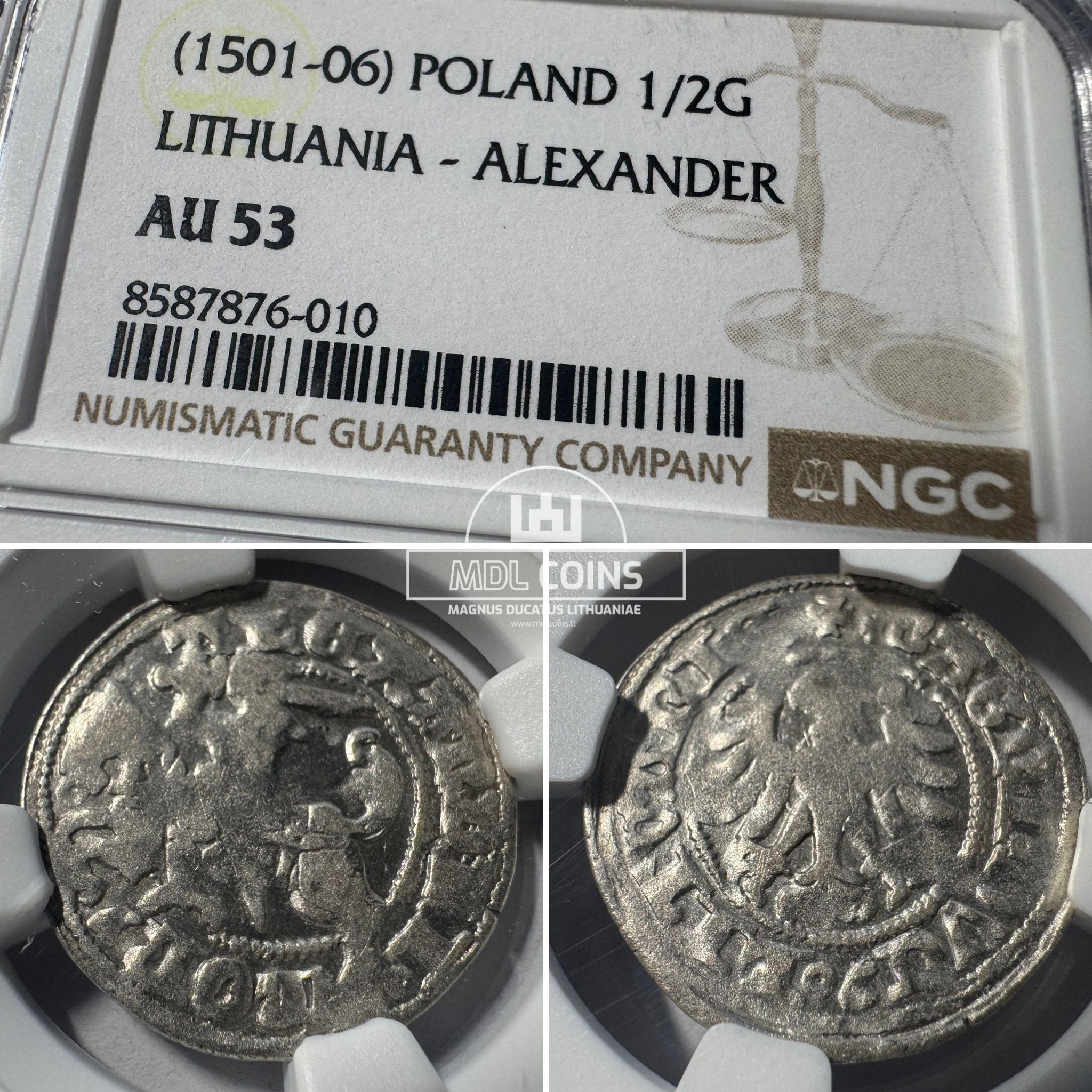 1501-1506 metų Aleksandro Jogailaičio 1/2 grašio – Gotika – NGC AU53