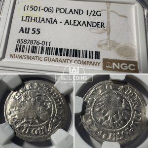 1501-1506 metų Aleksandro Jogailaičio 1/2 grašio – Gotika – NGC AU55