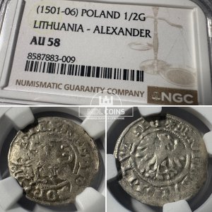 1501-1506 metų Aleksandro Jogailaičio 1/2 grašio – Gotika – NGC AU58