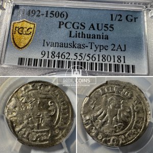 1501-1506 metų Aleksandro Jogailaičio 1/2 grašio – Gotika – PCGS AU55