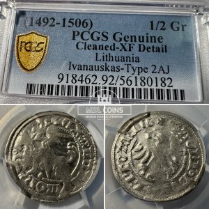 1501-1506 metų Aleksandro Jogailaičio 1/2 grašio – Gotika – PCGS XF Detail