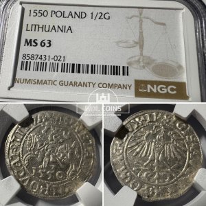 1550 metų Žygimanto Augusto 1/2 grašio - NGC MS63