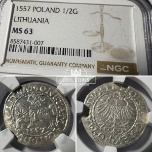 1557 metų Žygimanto Augusto 1/2 grašio - NGC MS63