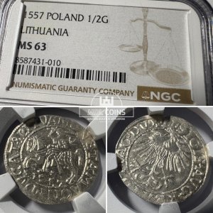 1557 metų Žygimanto Augusto 1/2 grašio - NGC MS63