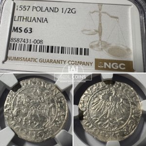 1557 metų Žygimanto Augusto 1/2 grašio - NGC MS63