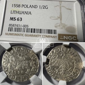 1558 metų Žygimanto Augusto 1/2 grašio - NGC MS63