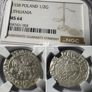 1558 metų Žygimanto Augusto 1/2 grašio - NGC MS64