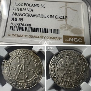 1562 metų Žygimanto Augusto 3 grašiai - NGC AU55