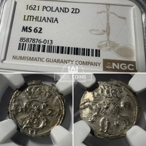 1621 metų Žygimanto Vazos 2 denarai - NGC MS62 – (Sesija Nr.89 – Pabaiga 20260408 – 22.06 val. + 2 min. „Anti-sniping”)
