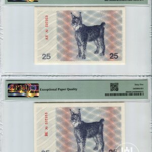 Alternative view of 1991 metų 2 x 25 talonai (su užrašais) – AV/BE serijos + vienodi serijos nr. - PMG 67/65 EPQ