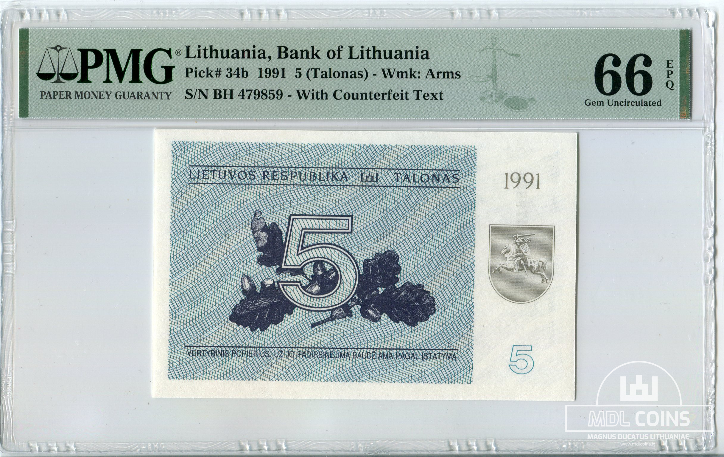 1991 metų 5 talonai (su užrašu) - BH serija - PMG 66 Gem Uncirculated EPQ