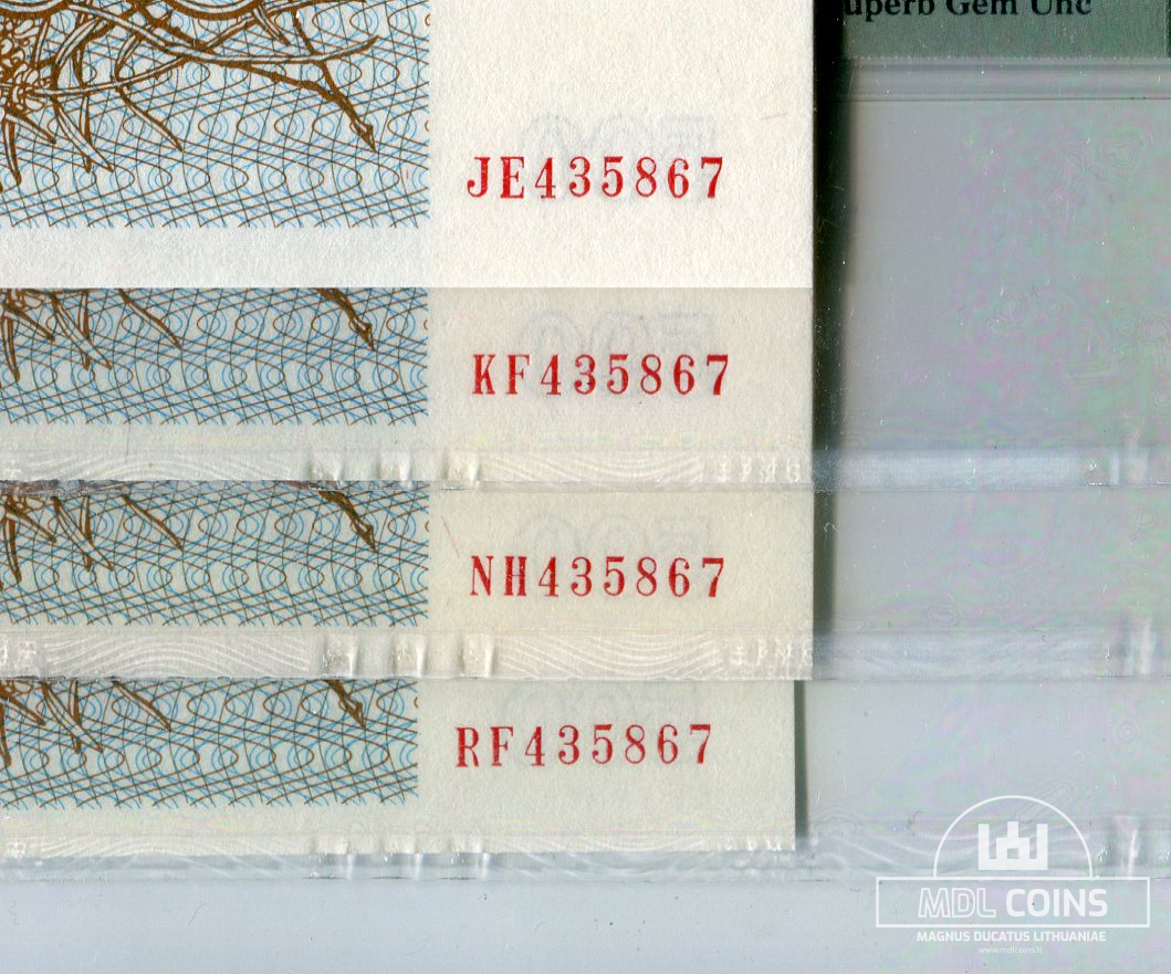 1993 metų 4 x 500 talonų – JE/KF/NH/RF serijos + vienodi serijos nr. - PMG 66/67/67/67 EPQ - Image 3