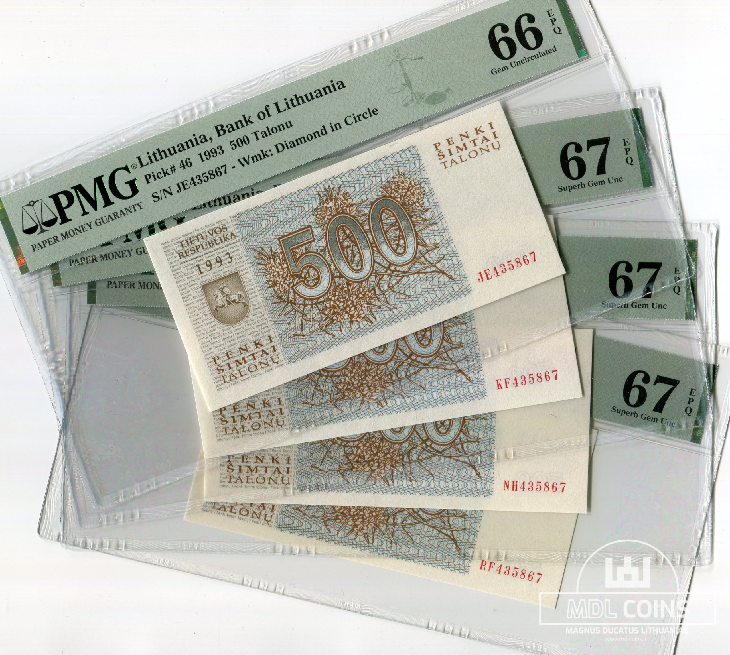 1993 metų 4 x 500 talonų – JE/KF/NH/RF serijos + vienodi serijos nr. - PMG 66/67/67/67 EPQ