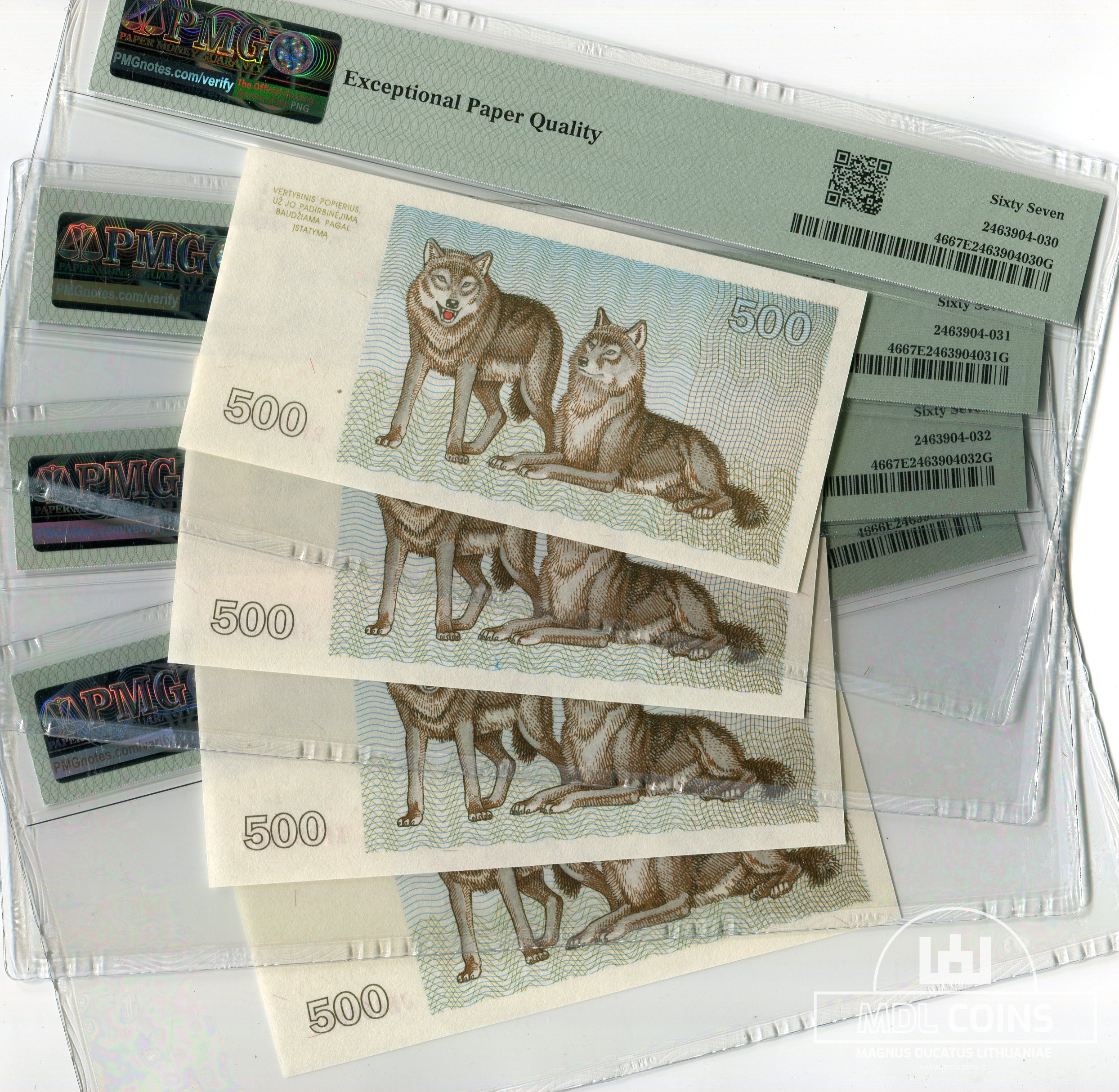 1993 metų 4 x 500 talonų – JE/KF/NH/RF serijos + vienodi serijos nr. - PMG 66/67/67/67 EPQ - Image 2