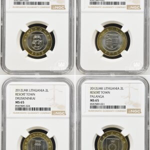 2012 metų sertifikuotas proginių 2 litų komplektas - "Lietuvos kurortai" - MS64/65/65/65