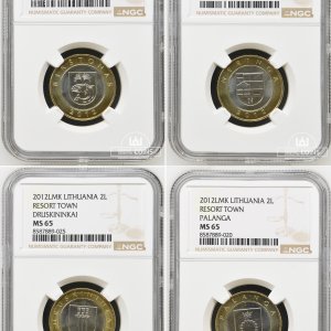 2012 metų sertifikuotas proginių 2 litų komplektas - "Lietuvos kurortai" - MS67/66/65/65