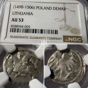 1498-1506 metų Aleksandro Jogailaičio denaras – Renesansas – NGC AU53 – (Sesija Nr.92 – Pabaiga 20260514 – 22.02 val. + 2 min. „Anti-sniping”)